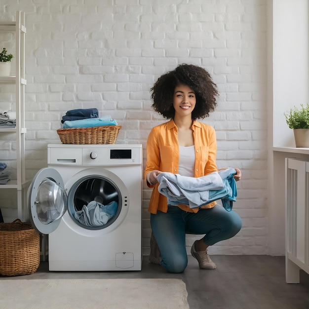 Przedni widok młodej kobiety z maszyną do prania składającą brudne ubrania na białej ścianie