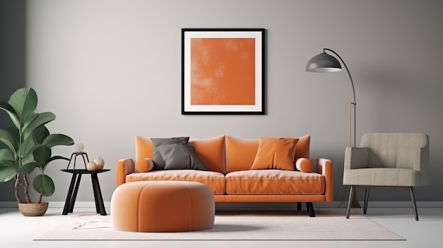 Przedni widok nowoczesnego luksusowego salonu z akcentami kolorowymi Szara ściana z szablonem plakatów pomarańczowa kanapa i szara fotel kawiarnia zielona lampa podłogowa Mockup rendering 3D