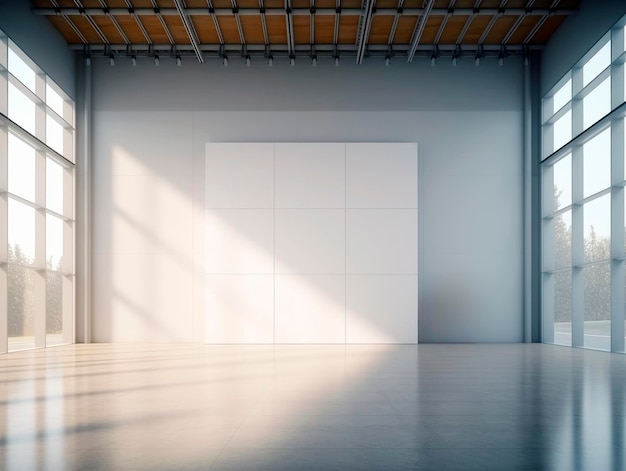 Przedni widok pustej białej ściany w nowoczesnym słonecznym wnętrzu loft z betonowym wzorem podłogi tła Generatywna sztuczna inteligencja