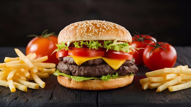 Przedni widok pyszny cheeseburger z mięsem, pomidorami i zieloną sałatką na ciemnym tle fast food m