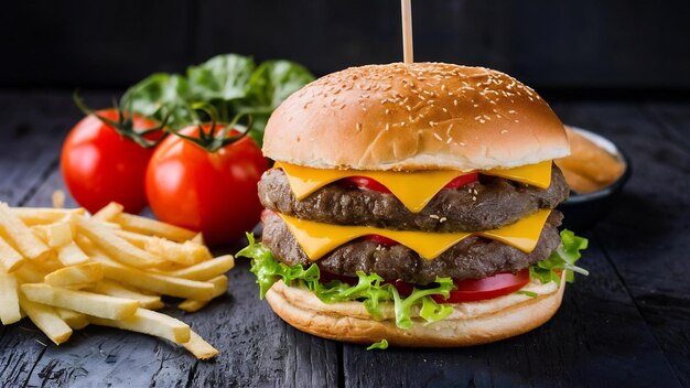 Przedni widok pyszny cheeseburger z mięsem, pomidorami i zieloną sałatką na ciemnym tle.