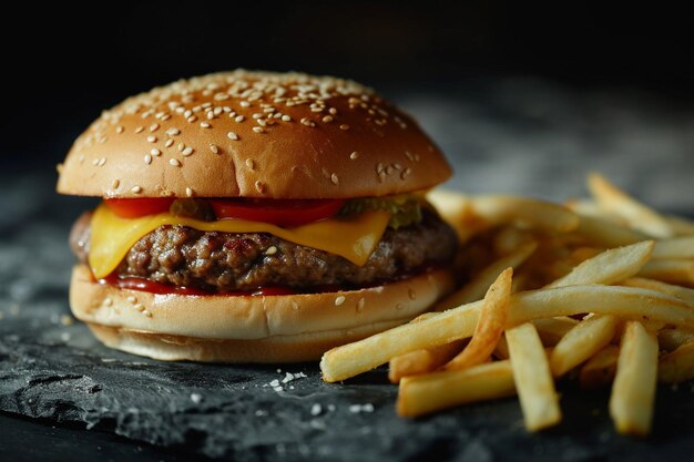 Zdjęcie przedni widok smaczny hamburger mięsny z serem i sałatką na ciemnym tle