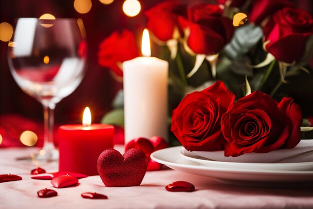 Przedni widok stołu jadalnego z czerwonymi różami Koncepcja kolacji na Dzień Świętego Walentynki