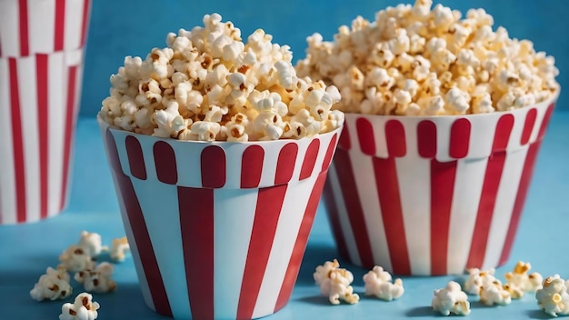 Przedni widok świeżego popcornu w kolorowych koszach wraz z czapką urodzinową na niebieskim przekąsku filmowym