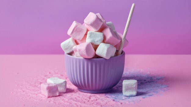 Zdjęcie przedni widok żucia marshmallows w fioletowym kubku i wszystko na różowym kolorze tęczy cukrowy konfit