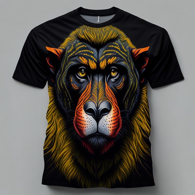 Zdjęcie przednia część koszulki z twarzą mandryla, małpy, kota, krowy, tygrysa, lwa, ptaków.