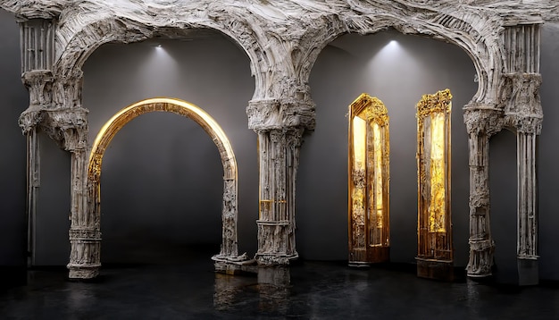 Przedpokój ozdobiony klasycznymi kolumnami i złotymi detalami