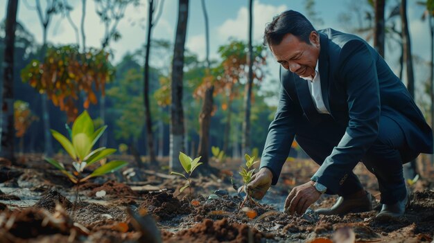Zdjęcie przedsiębiorca podejmujący osobiste działania w celu przywrócenia środowiska poprzez sadzenie drzew na wylesionym obszarze