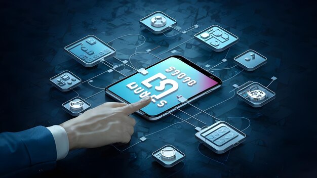 Zdjęcie przedsiębiorcy łączący ikonę technologii i aplikacji na telefonie komórkowym renderowanie 3d