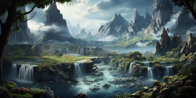 Przedstaw majestatyczne wodospady otoczone górami i dziką przyrodą