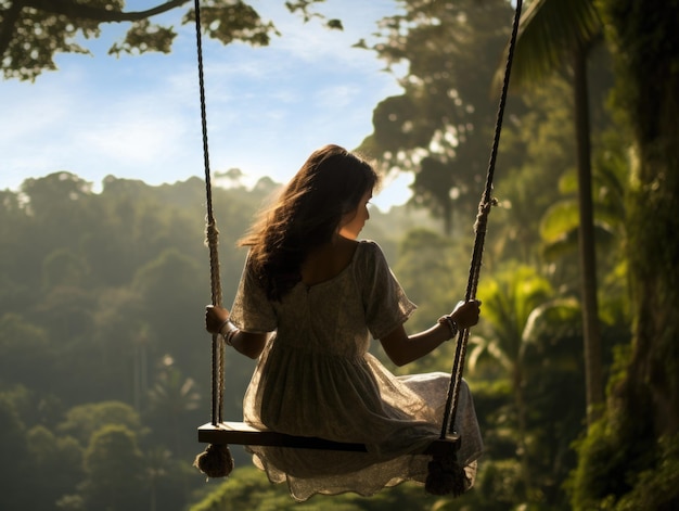 przedstawiający słynną balijską huśtawkę z ładną leśną dziewczyną siedzącą na huśtawce