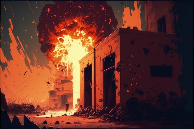 Przedstawienie przedstawia katastrofalną eksplozję, której skutkiem jest fragmentacja wielu budynków. Koncepcja fantasy. Malarstwo ilustracyjne Generative AI