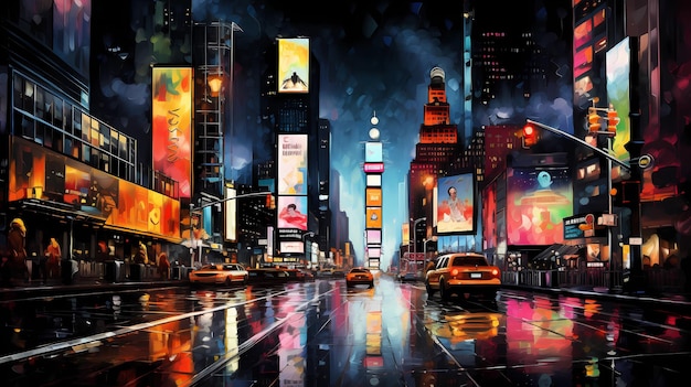 Przedstawienie Times Square nocą z błyszczącym neonem