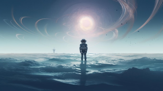 Przedstawiono astronautę stojącego w osobliwym morzu i wpatrującego się w planetę na niebie Grafika jest tworzona przy użyciu stylu sztuki cyfrowej