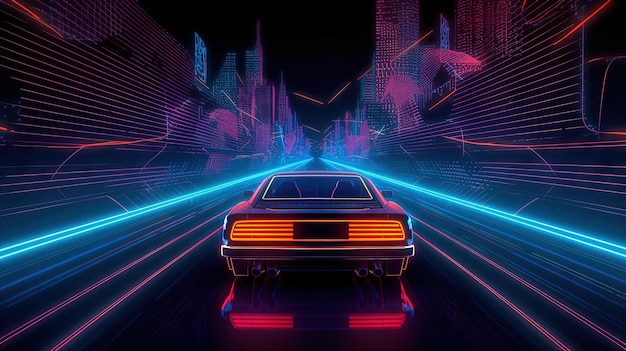 Przejażdżka samochodem po neonowej drodze w stylu synthwave z lat 80.