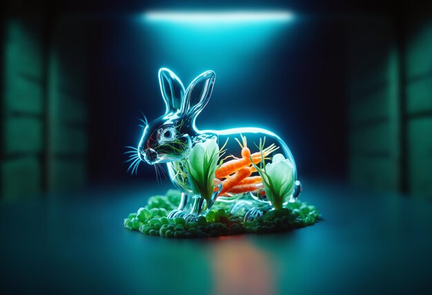 Zdjęcie przejrzysty szklany królik z abstrakcyjnymi warzywami wewnątrz