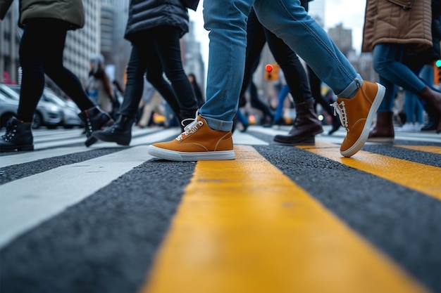 Zdjęcie przejście miejskie zajęte stopy na tętniącym życiem przejściu dla pieszych