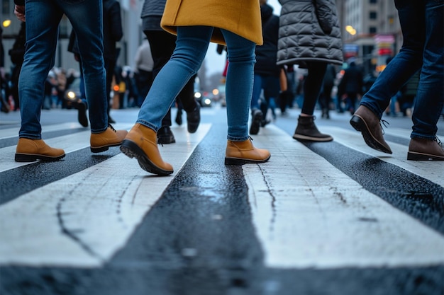 Przejście miejskie Zajęte stopy na tętniącym życiem przejściu dla pieszych