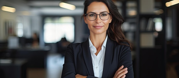 Przekonana, szczęśliwa bizneswoman w ramionach pakietu office skrzyżowana, patrząc na kamerę