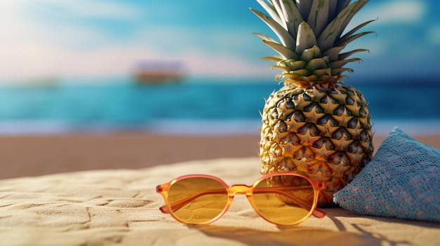 przekrojony na pół ananas i okulary przeciwsłoneczne trzymane na piasku z tekstem miejsca na kopię Letnia koncepcja kreatywna