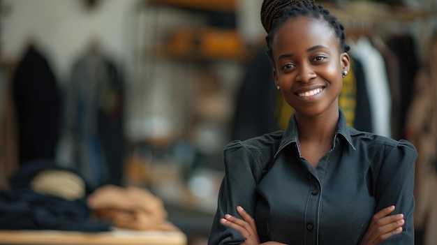 Przemysł mody czarna kobieta i projektant portret krawca odzieży z wizją biznesową Uśmiech startup i mały przedsiębiorca z szczęściem i wzrostem biznesu czując sukces w pracy