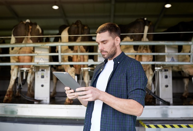 przemysł rolniczy, rolnictwo, ludzie, technologia i koncepcja hodowli zwierząt - młody człowiek lub rolnik z komputerem typu tablet i krowami w oborze na farmie mlecznej