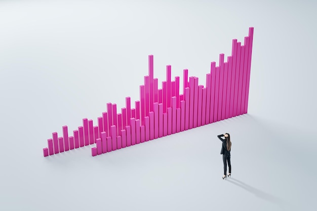 Przemyślana kobieta patrząc na abstrakcyjny jasny różowy wykres biznesowy na jasno białym tle Koncepcja infografiki