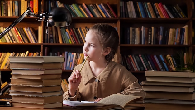 Przemyślana uczennica pisze zadanie domowe w papierowym notatniku, siedząc przy stole ze stosami książek i czarną lampą na dużych półkach na książki w nocy