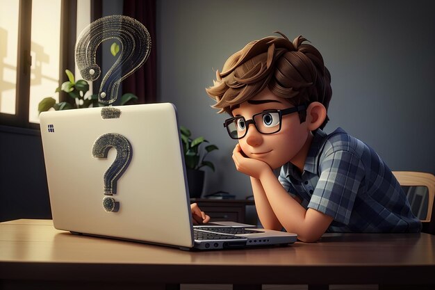 Przemyślany z chłopcem laptopem patrzącym na duży znak zapytania
