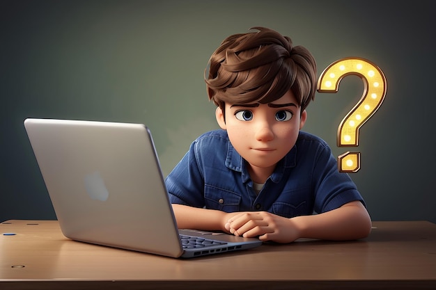 Przemyślany z chłopcem laptopem patrzącym na duży znak zapytania