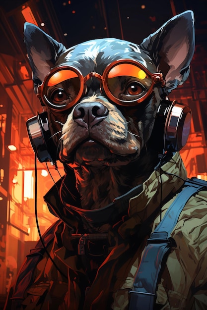 Przemyślenia przyszłości Cyberpunk Boston Terrier w Neon Cityscape