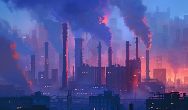 Przemysłowe kominy do palenia na tle wieczornego miasta Pojęcie przemysłu i zanieczyszczenia