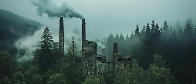 Przemysłowe wtargnięcia kominy przeciwko naturze na skraju lasów