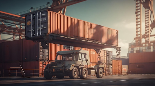 Przemysłowy dźwig portowy podnosi ładowanie kontenera eksportowego Generative Ai