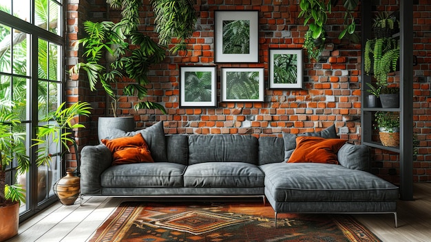 Zdjęcie przemysłowy projekt wnętrz loft z ceglaną ścianą i szarą kanapą
