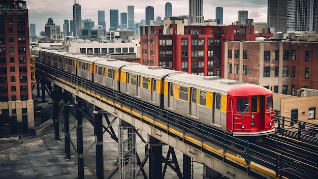 Przemysłowy widok podwyższonego pociągu metra w Chicago