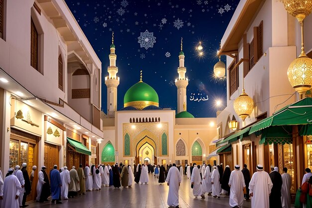 Przenieś się na ulice Medyny z kartką Mawlid al Nabawi prezentującą