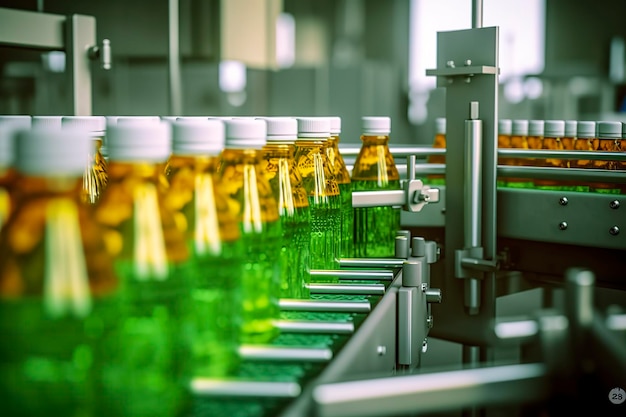 Przenośnik taśmowy Fabryka napojów soków owocowych do przetwarzania i butelkowania AI Generative