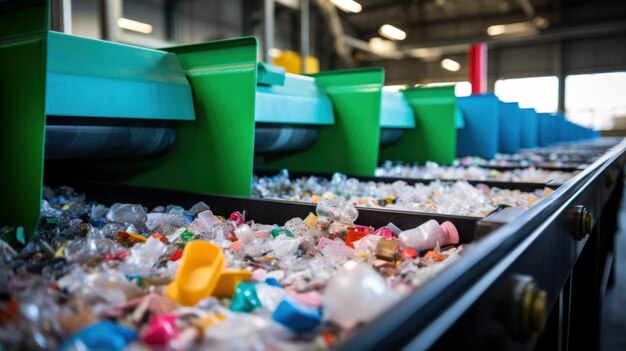 Zdjęcie przenośnik taśmowy z tworzywami sztucznymi pochodzącymi z recyklingu w koncepcji gospodarki odpadami fabrycznymi