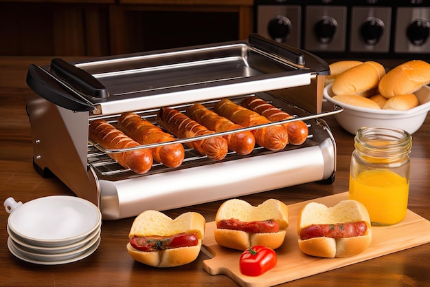 Zdjęcie przenośny grill z hot-dogami i bułkami gotowymi do przyrządzenia w podróży, stworzony z generative ai