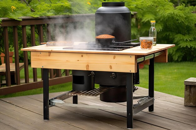 Przenośny grill z płytą dyfuzora i kominem na drewnianym stole piknikowym stworzony za pomocą generative ai
