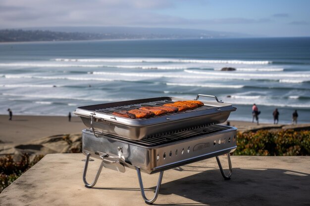 Przenośny grill z widokiem na plażę i ocean w tle stworzony za pomocą generative ai