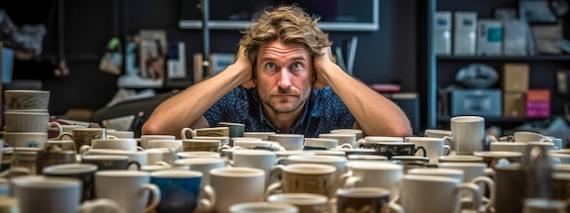 Zdjęcie przepełniona osoba otoczona wieloma filiżankami kawy uzależnienie od kofeiny energia do długu
