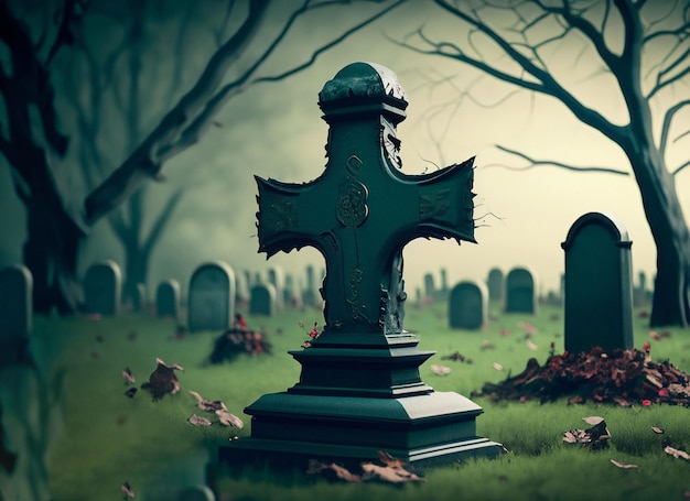 Przerażająca atmosfera na cmentarzu z nagrobkiem