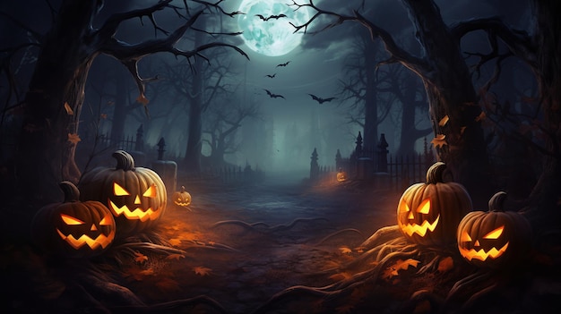 przerażająca ciemna dyni tematyka halloween tapeta księżyc przerażające lasy cmentarz baner