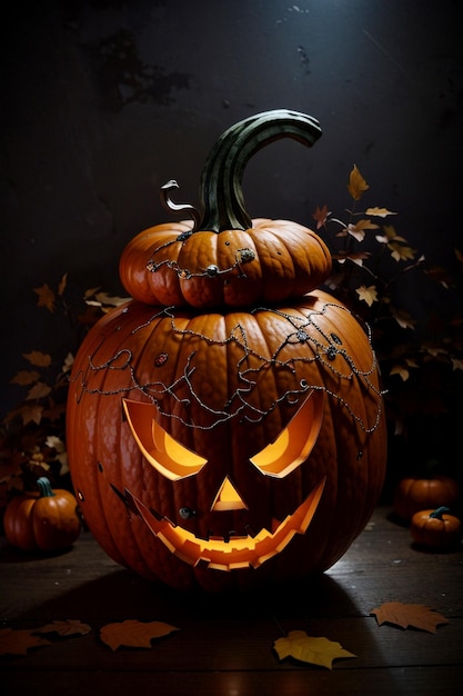 Zdjęcie przerażająca dynię halloween jack o'lantern z złą twarzą i oczami