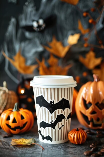 Zdjęcie przerażająca filiżanka kawy na temat halloween z nietoperzami i uroczystym tłem