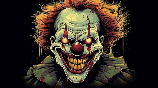 Przerażająca ilustracja klauna z żółtymi zębami i odważnym makijażem