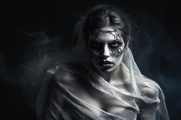 Przerażająca kobieta z ciemnym upiornym makijażem