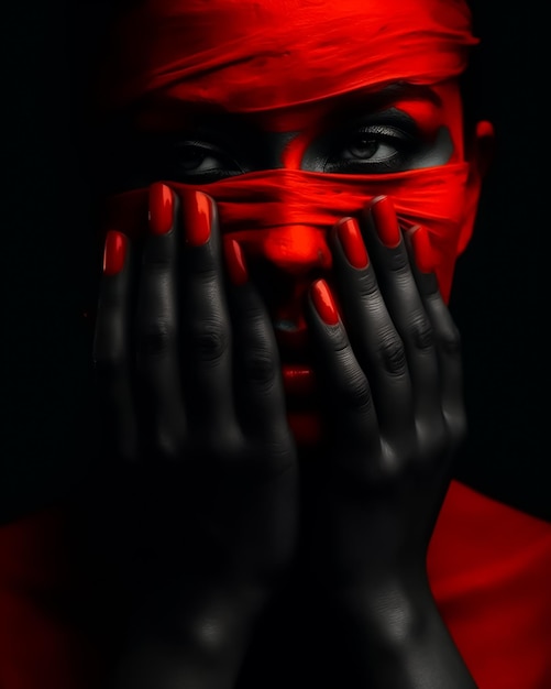 Przerażająca kobieta z zasłoniętymi oczami i czerwonymi paznokciami zakrywa twarz dłońmi